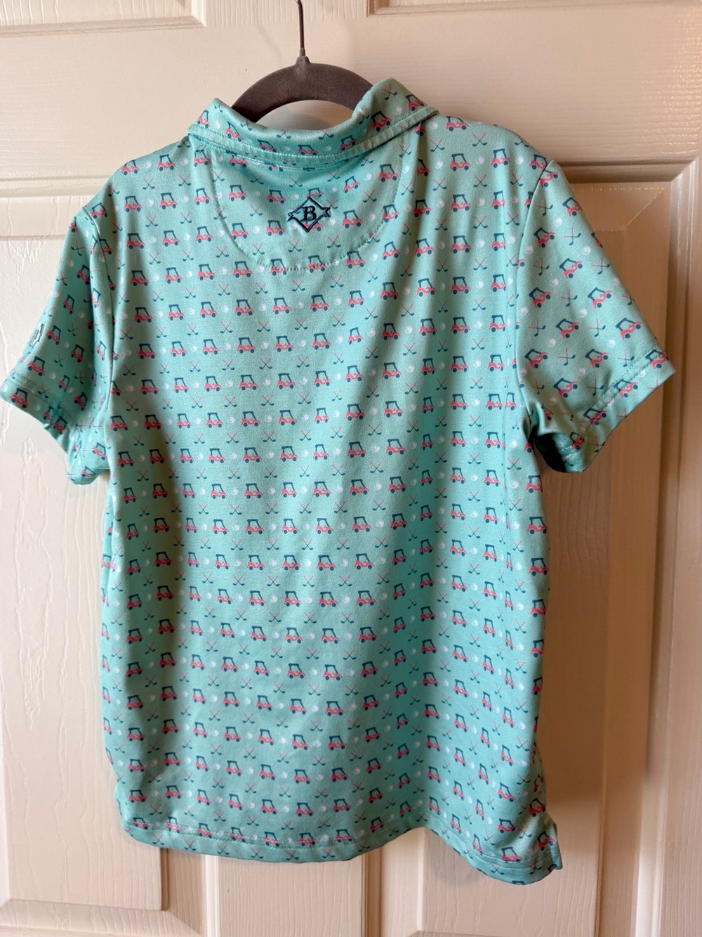 BURLEBO Boy's Performance Polo Size S Mint Green w/Golf Carts & Clubs Print - Picture 2 of 7